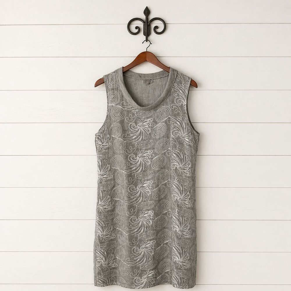 Lina Tomei Italian Linen Embroidered Tunic Dress XL Taupe Lagenlook Minimalist